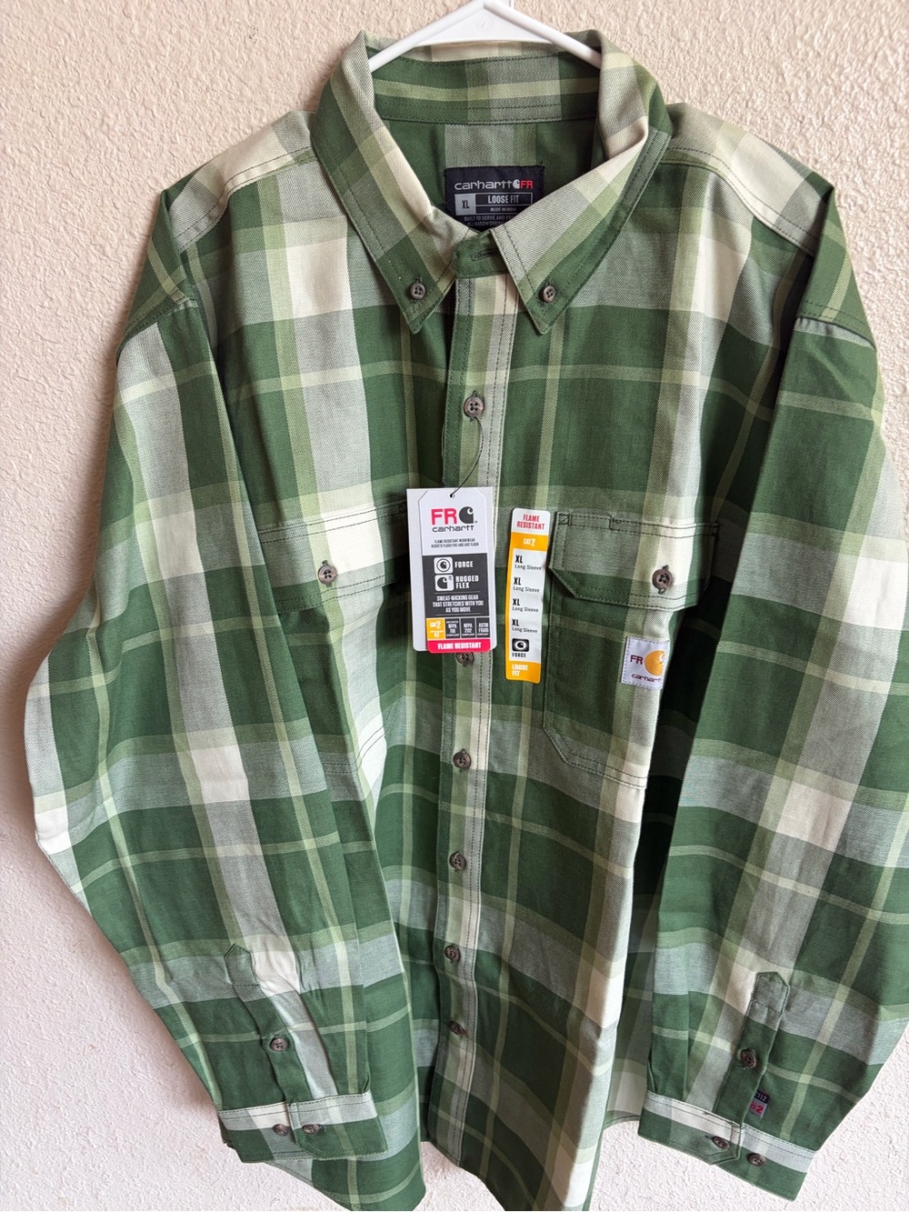Carhartt FR Green Plaid Button-Up Work Shirt loose fit size XL workwear